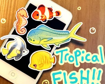 tropical fish stickers!! angelfish, seahorse, mahi mahi, butterflyfish (frutiger aero?)