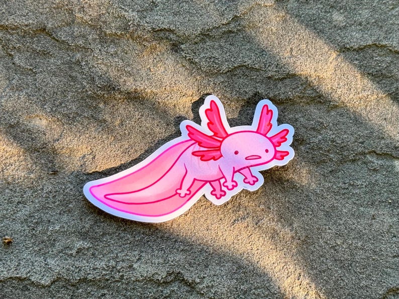 K&ouml;nnte beinhalten: Ein rosa Axolotl-Aufkleber mit wei&szlig;em Rand. Der Cartoon-Axolotl hat rosa Kiemen, einen langen Schwanz und kleine Beine. Der Aufkleber befindet sich auf einer strukturierten, hellbraunen Oberfl&auml;che.