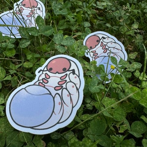May include: Three cartoon stickers of a white and pink roly-poly bug on a green grassy background. The roly-poly bugs are curled up in a ball shape with their legs and antennae visible. The stickers are printed on white paper.
