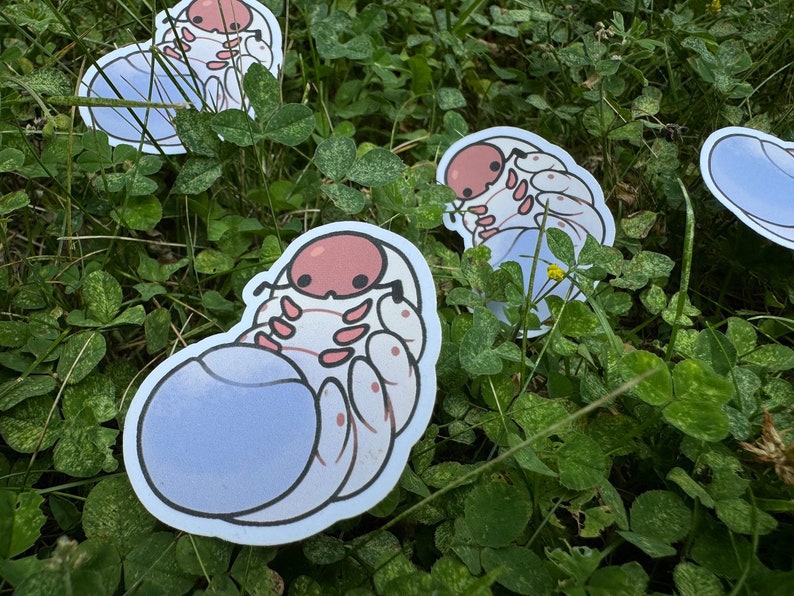 May include: Three cartoon stickers of a white and pink roly-poly bug on a green grassy background. The roly-poly bugs are curled up in a ball shape with their legs and antennae visible. The stickers are printed on white paper.