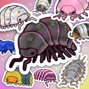 May include: A set of ten colorful cartoon pill bug stickers. The stickers feature various colors and patterns, including pink, purple, blue, gray, and white.