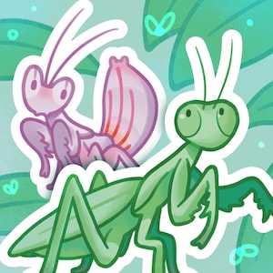 Puede incluir: Ilustración caprichosa con dos mantis religiosas de dibujos animados. Una es de color púrpura suave con una cola rosa, la otra es verde. El fondo es de color verde azulado claro con hojas verdes y pequeños acentos en forma de corazón.