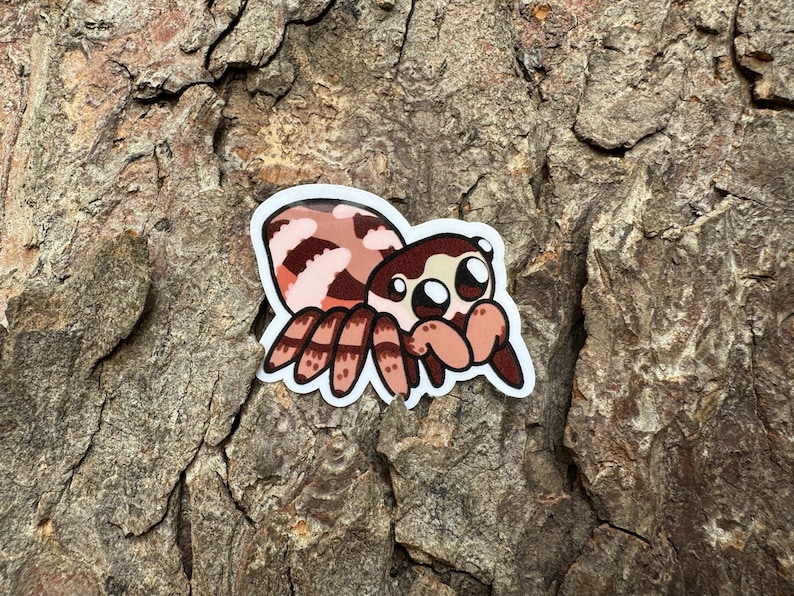 May include: A cartoon sticker of a pink and brown jumping spider with large eyes. The spider is on a brown tree bark background.