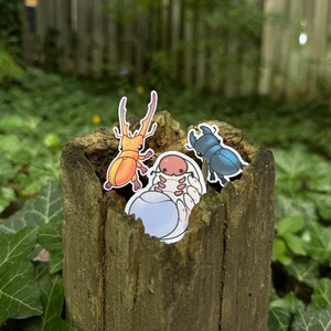 May include: Three cartoon beetle stickers on a wooden stump. One beetle is orange and yellow, one is blue, and one is white and pink.