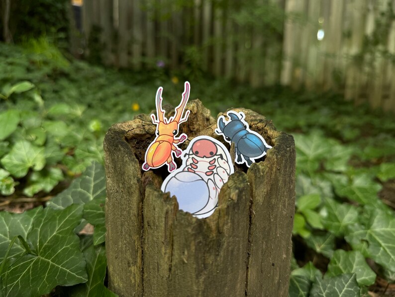 May include: Three cartoon beetle stickers on a wooden stump. One beetle is orange and yellow, one is blue, and one is white and pink.