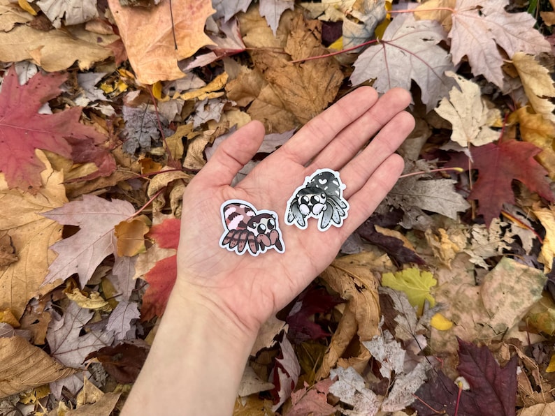 May include: Two small, colourful jumping spider stickers on a hand against a background of fallen autumn leaves. The stickers are about the size of a 10 pence coin.