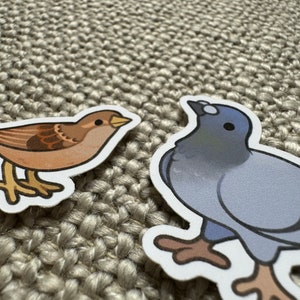 May include: Two cartoon bird stickers, one brown sparrow and one gray pigeon, on a beige textured background.