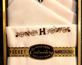 Vintage hand loom rolled hem cotton mens pocket handkerchief Embroidered Letter "H"