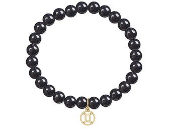 Natural Genuine Beaded blue sandstone Horoscope bracelet with 14k Yellow Gold Initial