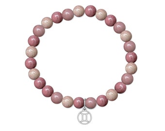 Natural Genuine Beaded Rhodonite Horoscope Bracelet With 14k White Gold