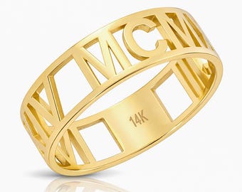 Roman Numeral 14K Solid Gold Custom Ring | Personalized Date Ring | Engraved Gold Band | Anniversary Gift for Her | Minimalist Jewelry