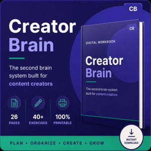 May include: A digital workbook titled "Creator Brain" with a dark blue cover. The cover text includes "Creator Brain" and "Digital Workbook." The image also shows the text "The second brain system built for content creators," and icons for 26 pages, 40+ exercises, and 100% printable.