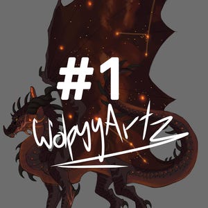 May include: Digital artwork of a dragon with dark brown scales and wings, featuring a constellation design. The image includes the text "#1" and "WolpyArtz" in white, set against a grey background. The dragon has a fierce expression.