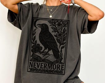 Edgar Allan Poe Shirt|Comfort Colors|Nevermore|The Raven Shirt|Halloween Tee|Poe Raven|Goth|Edgar Allan Poe Gift|Linocut Bookish Shirt