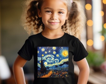 May include: A young person wearing a black t-shirt with a print of Vincent van Gogh's "Starry Night" painting. The painting features a swirling night sky with stars and a crescent moon.