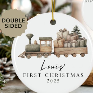 Personalized Baby&#39;s First Christmas Toy Train Double Sided Ornament Farmhouse Style|Baby Keepsake First Christmas 2025