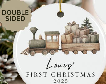 Personalized Baby's First Christmas Toy Train Double Sided Ornament Farmhouse Style|Baby Keepsake First Christmas 2025