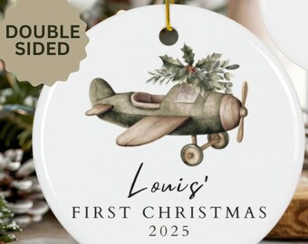 Personalized Vintage Baby's First Christmas Toy Plane Double Sided Ornament Farmhouse Style|Baby Keepsake First Christmas 2025