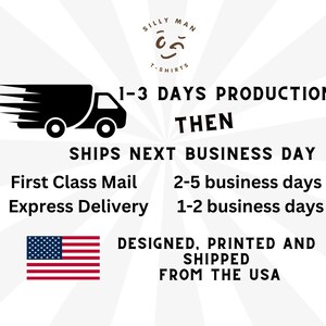May include: Illustration of a delivery truck with the text "1-3 Days Production Then Ships Next Business Day".  The text below the truck lists shipping times for First Class Mail and Express Delivery.  The image also includes the text "Designed, Printed and Shipped from the USA".