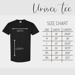 May include: Unisex tee size chart with measurements in inches. The chart shows the width and length of the tee in different sizes, from S to 3XL.