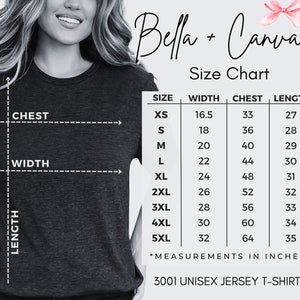 May include: Unisex jersey t-shirt size chart with measurements in inches for sizes XS to 5XL. The chart shows width, chest, and length measurements for each size.
