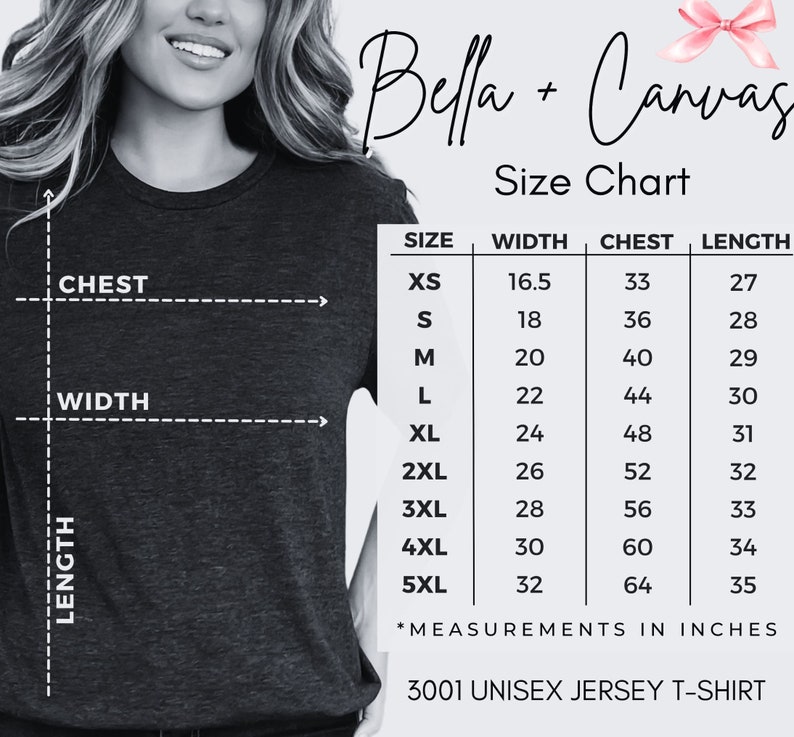 May include: Unisex jersey t-shirt size chart with measurements in inches for sizes XS to 5XL. The chart shows width, chest, and length measurements for each size.