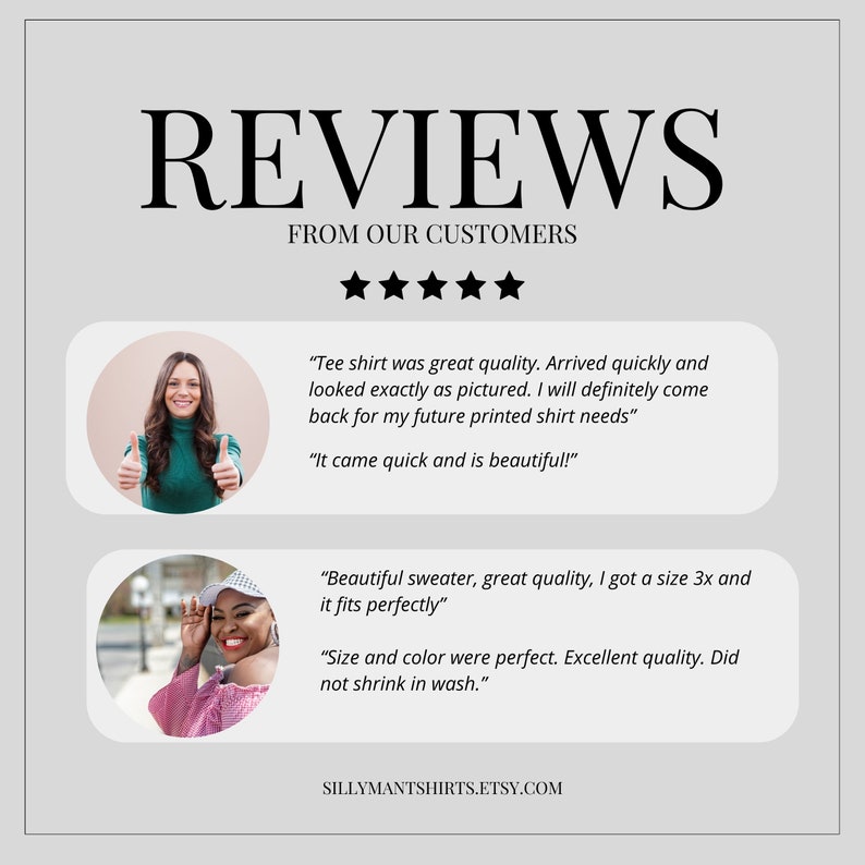 May include: Five star reviews from customers for a clothing shop. The reviews are positive and mention the quality of the products and the speed of delivery. The shop's name is Sillymantshirts.etsy.com.