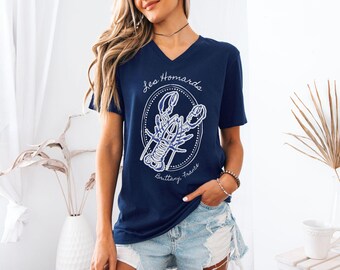 Camiseta con cuello en V y estampado de langosta / Estética de pescador costero francés