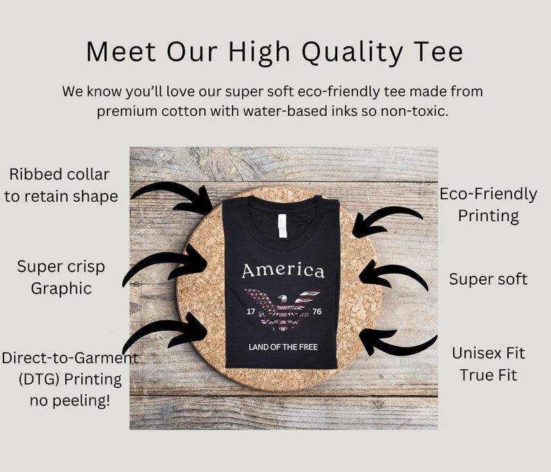 May include: Black t-shirt with a graphic of an American eagle and the words "America" and "Land of the Free". The shirt is made from premium cotton and features a ribbed collar, super crisp graphic, and eco-friendly printing.