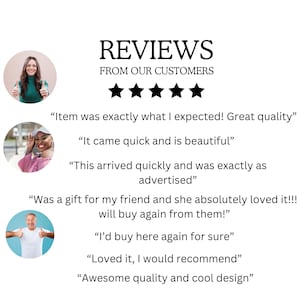 May include: Image displaying customer reviews with a five-star rating. The text reads: "Item was exactly what I expected! Great quality," "It came quick and is beautiful," and other positive feedback.
