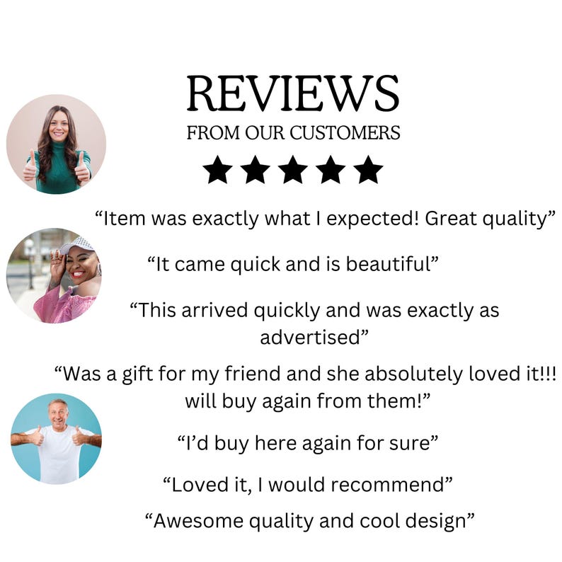 May include: Five star reviews from customers about a product. The reviews are positive and include phrases like "Great quality", "It came quick and is beautiful", "This arrived quickly and was exactly as advertised", "Was a gift for my friend and she absolutely loved it!!! will buy again from them!" , "I'd buy here again for sure", "Loved it, I would recommend", and "Awesome quality and cool design".