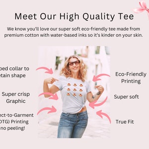 May include: A white t-shirt with a ribbed collar and a graphic print of multiple small cakes. The text "Eco-Friendly Printing", "Super soft", "True Fit", "ribbed collar to retain shape", "Super crisp Graphic", and "Direct-to-Garment (DTG) Printing no peeling!" is written around the image.