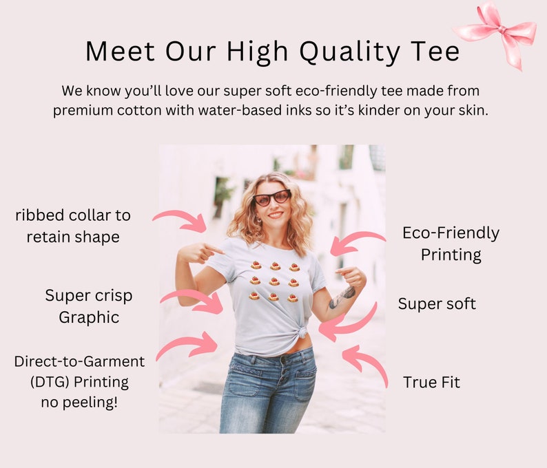 May include: A white t-shirt with a ribbed collar and a graphic print of multiple small cakes. The text "Eco-Friendly Printing", "Super soft", "True Fit", "ribbed collar to retain shape", "Super crisp Graphic", and "Direct-to-Garment (DTG) Printing no peeling!" is written around the image.