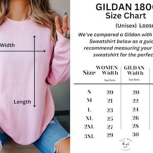 May include: Size chart for a Gildan 18000 unisex sweatshirt in a loose fit. The chart shows women's sizes with corresponding Gildan sizes and lengths in inches. The chart includes sizes S, M, L, XL, 2XL, and 3XL.