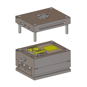 May include: A two-piece mold for creating plastic parts. The top half of the mold is raised on four legs and has a circular opening in the center. The bottom half of the mold has a rectangular shape and features a detailed design for the plastic part.