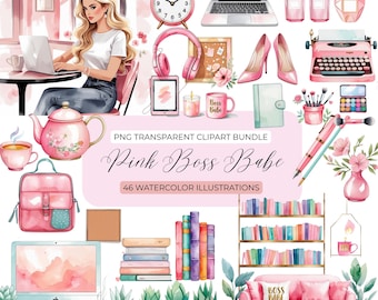 May include: Watercolor illustration bundle featuring pink office supplies, a laptop, high heels, a typewriter, and a woman at a desk. The text "Pink Boss Babe" and "46 Watercolor Illustrations" are included. The color palette is primarily pink.