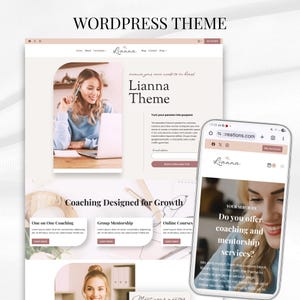 May include: A website design for a WordPress theme, titled "Lianna Theme", displayed on a laptop and a smartphone. The design features a light pink and white color scheme with the text "WORDPRESS THEME" at the top.