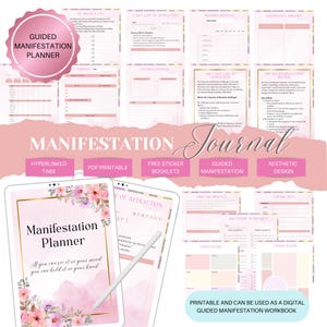 Può includere: Un planner digitale rosa e bianco con accenti floreali e il testo "Manifestation Planner" e "Se puoi vederlo nella tua mente, puoi tenerlo nella tua mano". Il planner è progettato per aiutare gli utenti a manifestare i loro obiettivi e sogni.