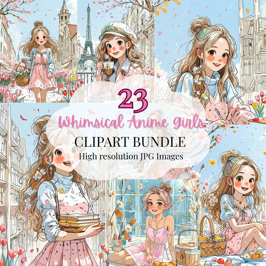 Whimsical Anime Girl Clipart Bundle: Pastel Kawaii Art (digital ...