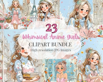 Grillige anime-meisjes-clipartbundel: pastelkleurige kawaiikunst (digitale download)