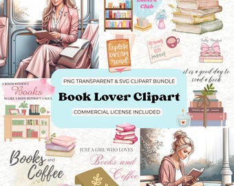 Aquarell Buch Liebhaber Clipart Bundle: Mädchen lesen, literarisch Zitate (PNG SVG Digital Download