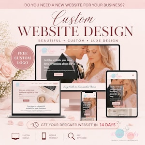 May include: A digital marketing graphic for custom website design services featuring a desktop monitor, laptop, tablet, and smartphone displaying a website template with a couple, text overlays, and a soft pink floral background theme.