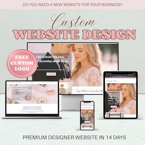May include: A promotional image for custom website design services. The image displays a laptop, desktop monitor, tablet, and smartphone, each showcasing a website design. Text includes "Custom Website Design," "Free Custom Logo," and "Premium Designer Website in 14 Days."