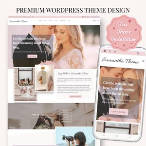 Può includere: Un mockup di design del sito web "Samantha Theme" con uno schema di colori rosa e bianco. Il design include una vista desktop e una vista mobile, che mostra immagini di una coppia e dettagli del matrimonio. Il testo include "Premium WordPress Theme Design".