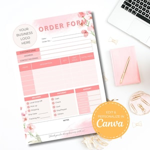 Editable Pink order form template for Canva