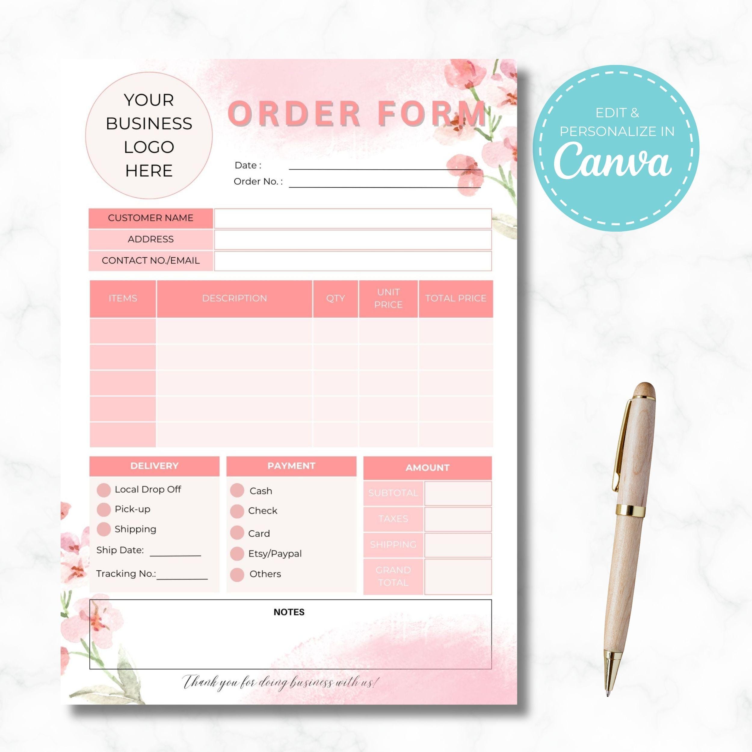 Editable Business Order Form Template: Canva Design (PDF) - Etsy