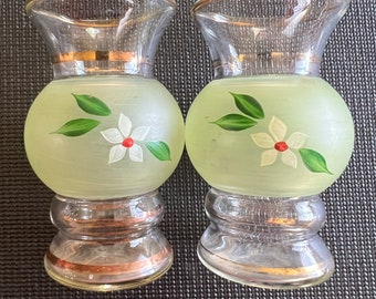 2 Vintage Hand Painted Green Frosted Glass Vases