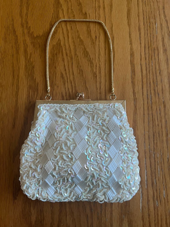 Vintage Handmade Bead and Sequin White Clutch Purs