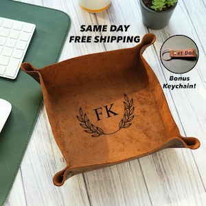 Bandeja de valet de cuero personalizada, organizador de escritorio con grabado personalizado, billetera, reloj, joyería, regalo para el Día del Padre, para papá, él, abuelo