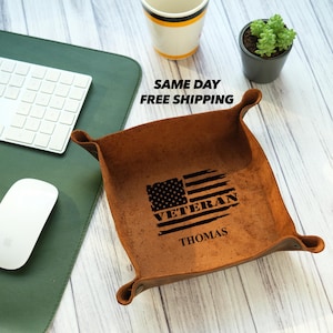 Personalized Leather Valet Tray for Military Veteran Dad, Veterans Day Gift, Cute Army Gift for Husband, Gift For Retired Military Personnel